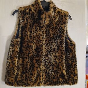 Sherpa Fur Leopard Print/Black Vinyl Reverseable Funnel Neck Vest Sz L